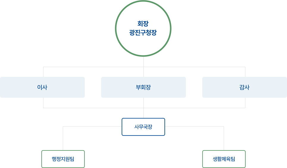 광진구청장의 조직도: 조직 구조를 보여주는 도표입니다. 회장(광진구청장)을 중심으로 부회장, 이사, 감사, 사무국장과 그 아래 행정지원팀, 생활체육팀으로 조직이 구성되어 있습니다.